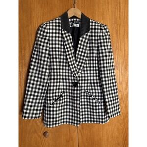 BICCI Bergdorf Goodman Vintage Wool Gingham Blazer Leather Collar Black White 4